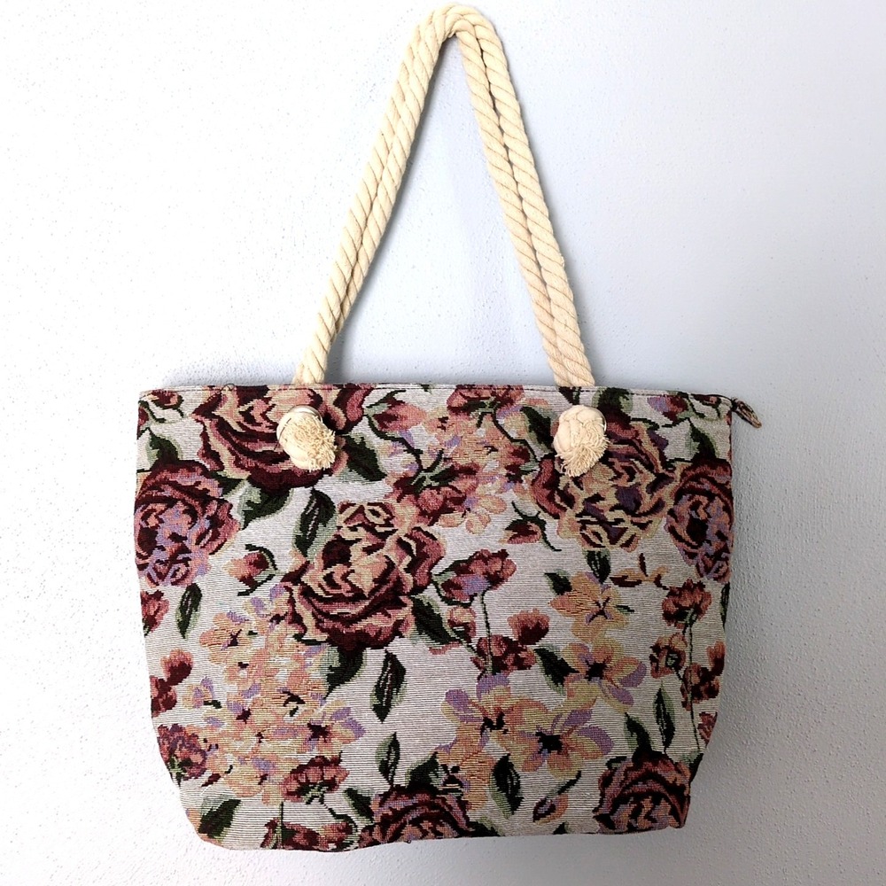 Itz Magic Studios Tote Womens XL Multicolor Floral Tapestry Bag Rope Handles NEW